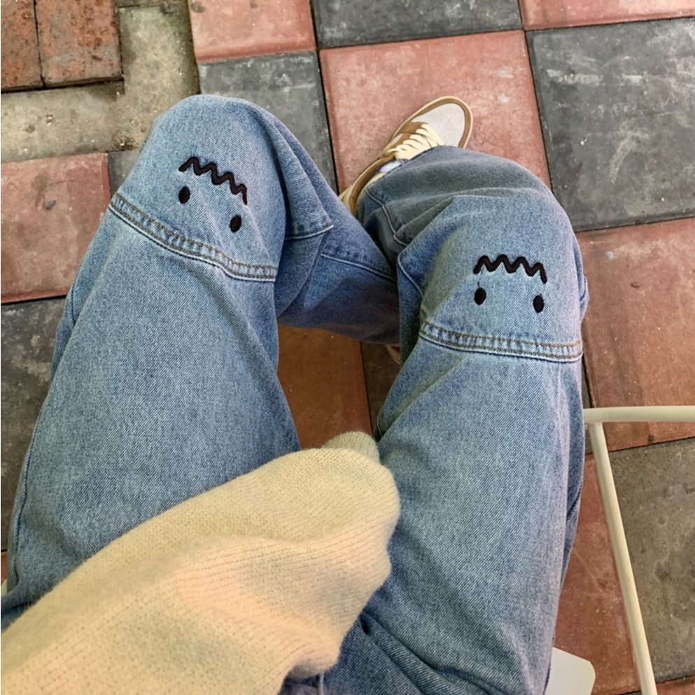 New Korean Diimpor Biru Celana Panjang Perempuan High-Waist Lurus-Kaki Bergaya Celana Jeans Wanita