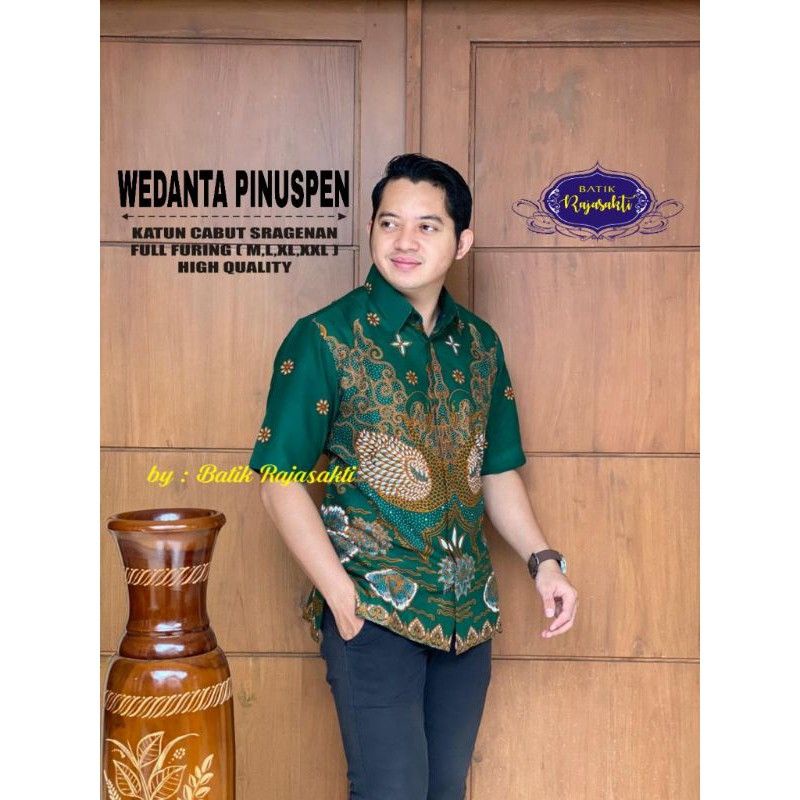 hem Baju batik pria lengan pendek warna hijau botol lapis furing batik solo