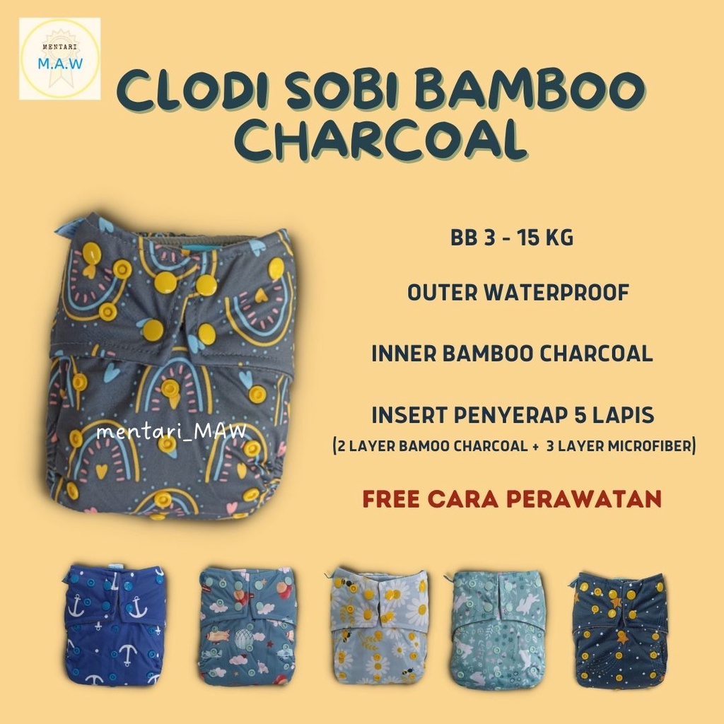 Clody Sobi Bamboo Charcoal Clodi Sobi Pocket Popok Kain Bayi Cuci Ulang Waterproof Cloudy Cloudi