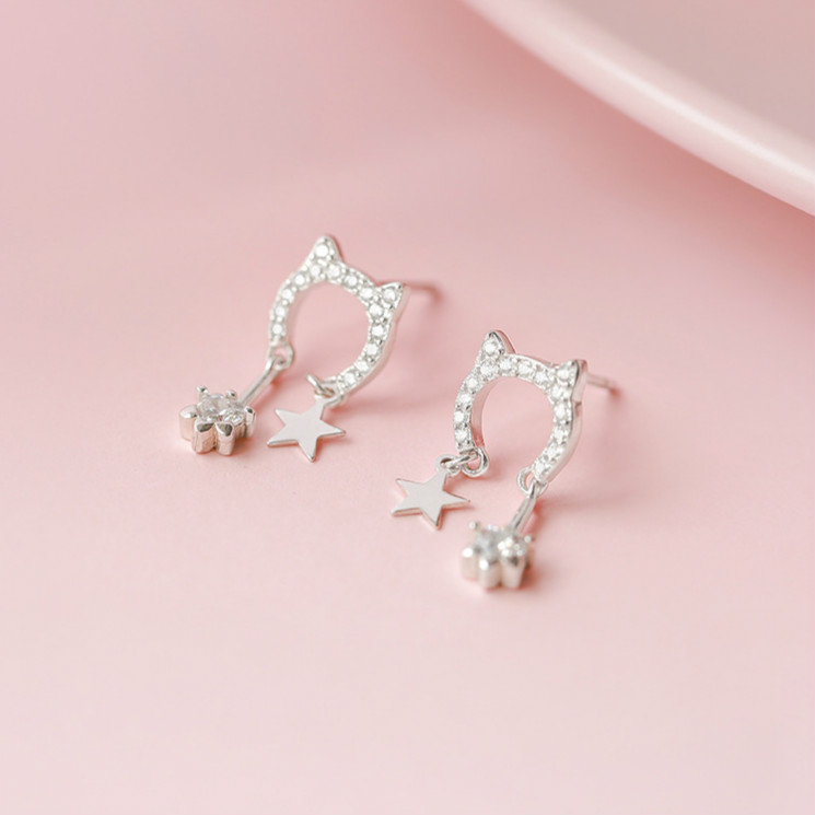 Anting Stud 925 Silver Needle Bentuk Kucing Bahan Zirkon Gaya Minimalis