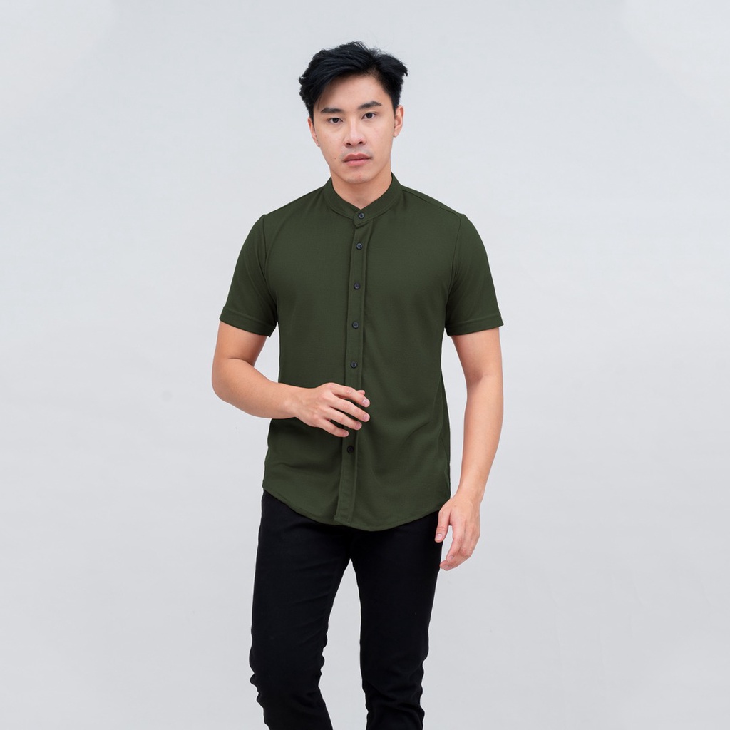 BROGUY Kemeja Pria Lengan Pendek Kerah Sanghai Casual Polos Slimfit Size M - XXL ARMY