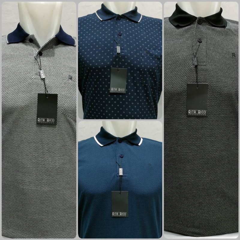 Kaos Kerah Polo Shirt Rita Ricci Motif Bintik Navy Abu