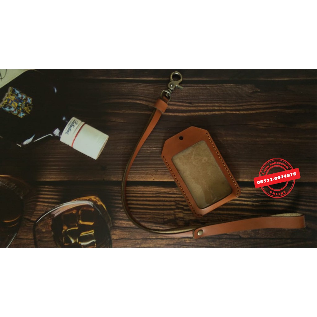 

Gantungan ID Card holder Name tag kulit asli unik simpel warna coklat muda