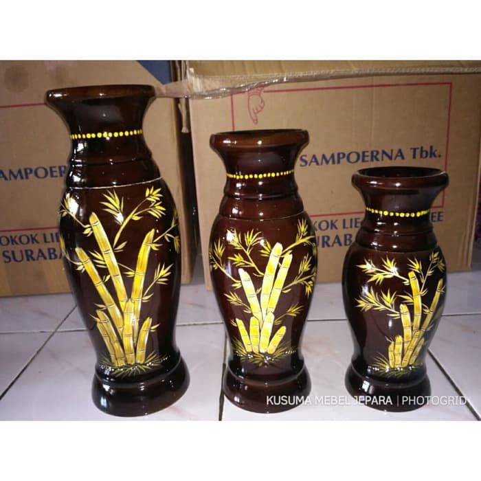 Set Guci Lukis Kayu Jati 3 Buah Guci