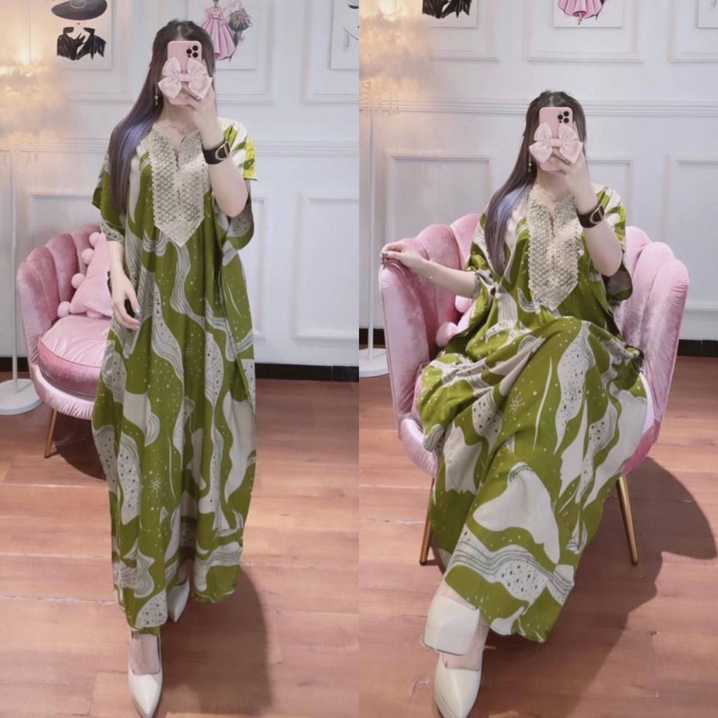 Kaftan Wanita Arabian Diamond Renda Jumbo XXXL Rayon Premium Kaftan Busui Resleting Lengan Pendek Motif Polos / Gamis Rayon Kaftan