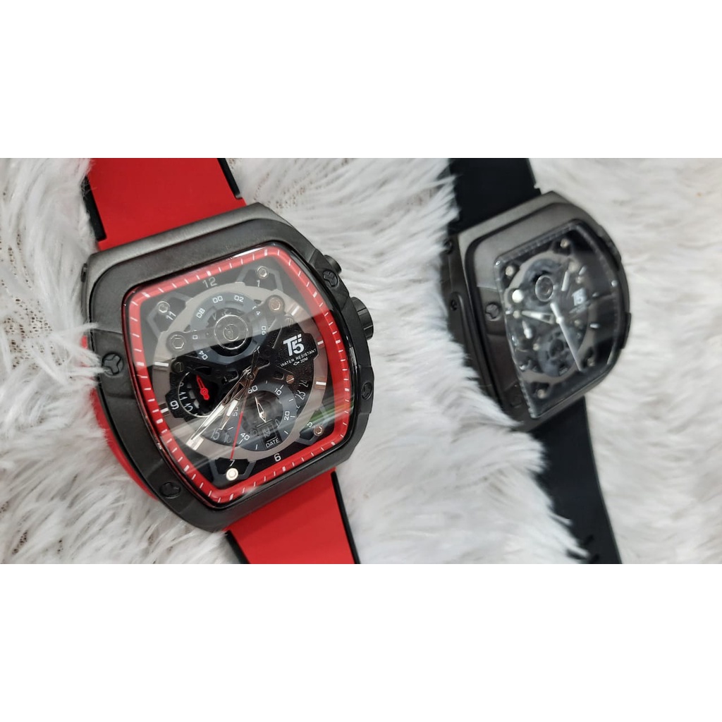 JAM TANGAN PRIA CHRONOGRAPH,TWO COLOUR RUBBER STRAP T5 H 3857G ORIGINAL/JAM TANGAN T5 H 3857G /JAM TANGAN COWOK TERBARU/