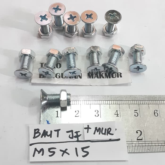 Baut Putih M5x15 + Mur Baut JF5x15 Kepala Obeng M5 x 15  per 10pcs