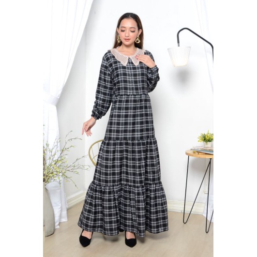 KOREAN MAXI DRESS FLANEL KOTAK PREMIUM RENDA 3510