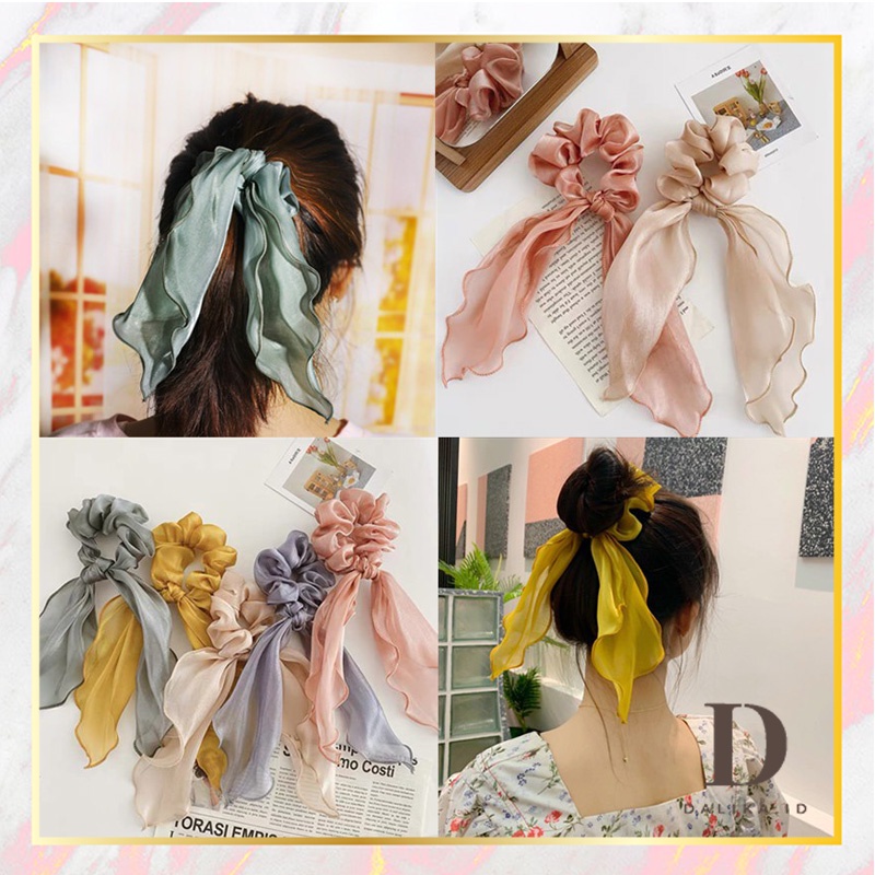 Ikat Rambut Karet Scrunchie Panjang untuk Wanita Korea Motif Polos Bahan Satin Dalika