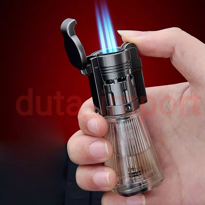 Honest lighter 3 jet fire/Korek api dengan tabung transparan roda pemantik