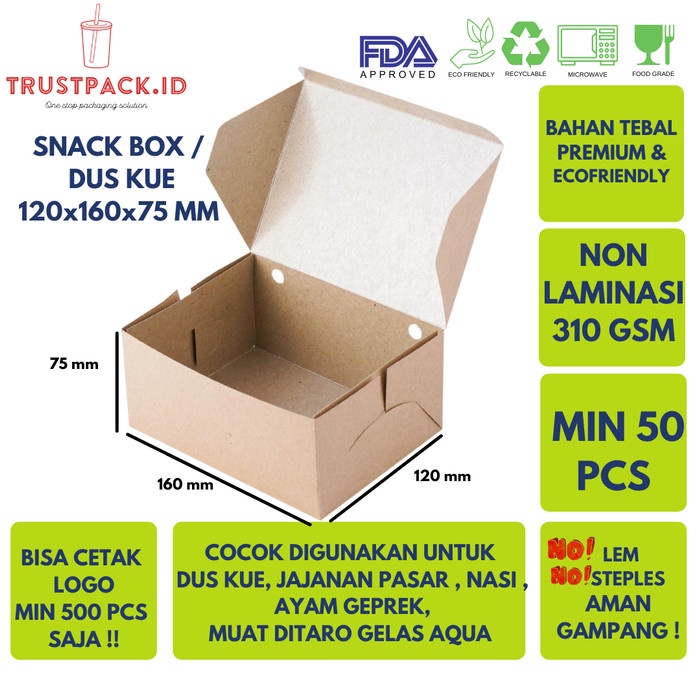 DUS KUE 12X16 KRAFT / KOTAK KARDUS KUE / DUS SNACK / SNACK BOX NON PE