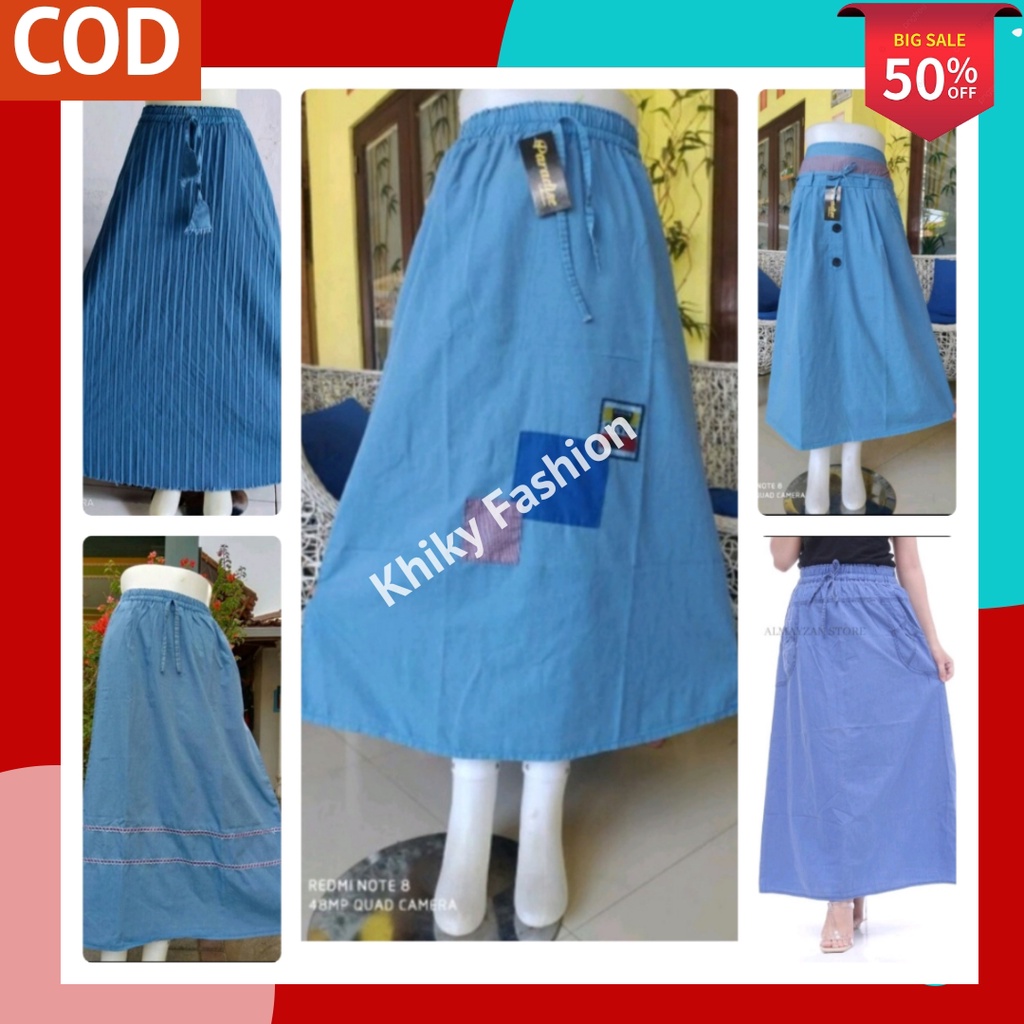 Rok Jeans Rok Panjang Rok Plisket Jeans Rok Kancing Depan Wanita