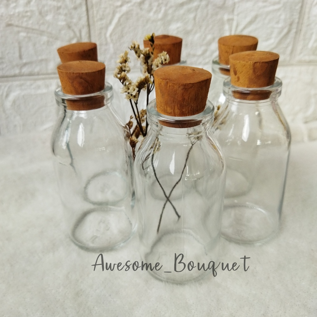 Botol kaca vas bunga- Botol kaca 100ml tutup kayu- Botol Aesthetic- Botol hiasan- Hampers