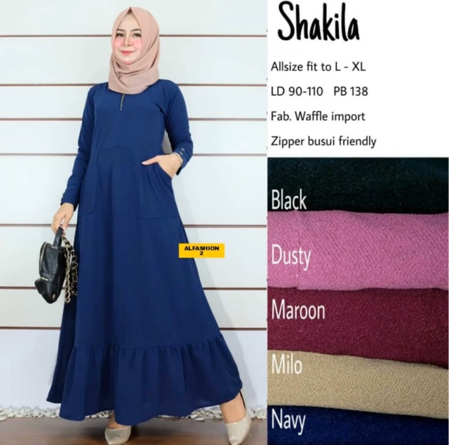 SHAKILA Maxy - Gamis Polos Wafle Milano Busui saku / 091-4829