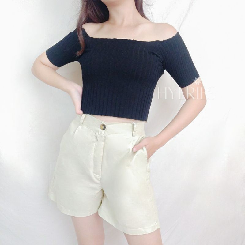 HYERIES Emma Top Atasan Wanita Korea Knit Crop Top Off Shoulder Top Baju Sabrina Rajut Square Neck