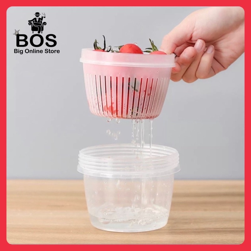 BOS - Toples Bulat Transparan + Saringan Penyimpanan Bawang Sayur Serbaguna