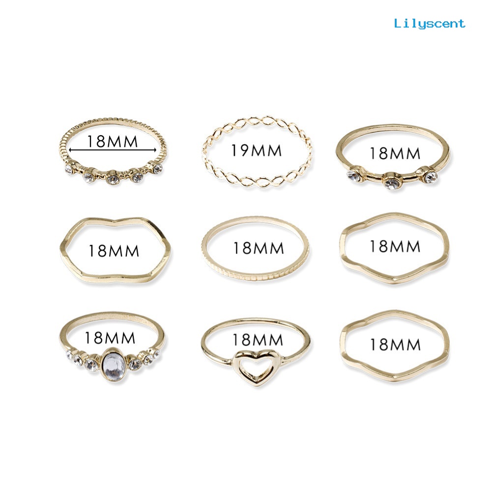 9 Pcs / Set Cincin Jari Bentuk Hati Gelombang Aksen Mutiara Tiruan Untuk Wanita