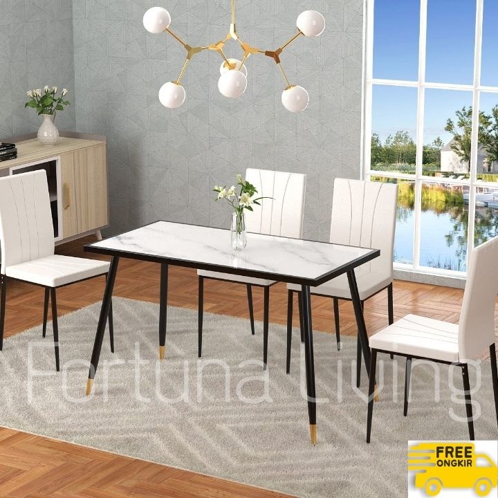 (Free Ongkir Jadetabek)TERLARIS Meja Makan Marmer Minimalis Set 4 Kursi Rangka Besi Dining Table