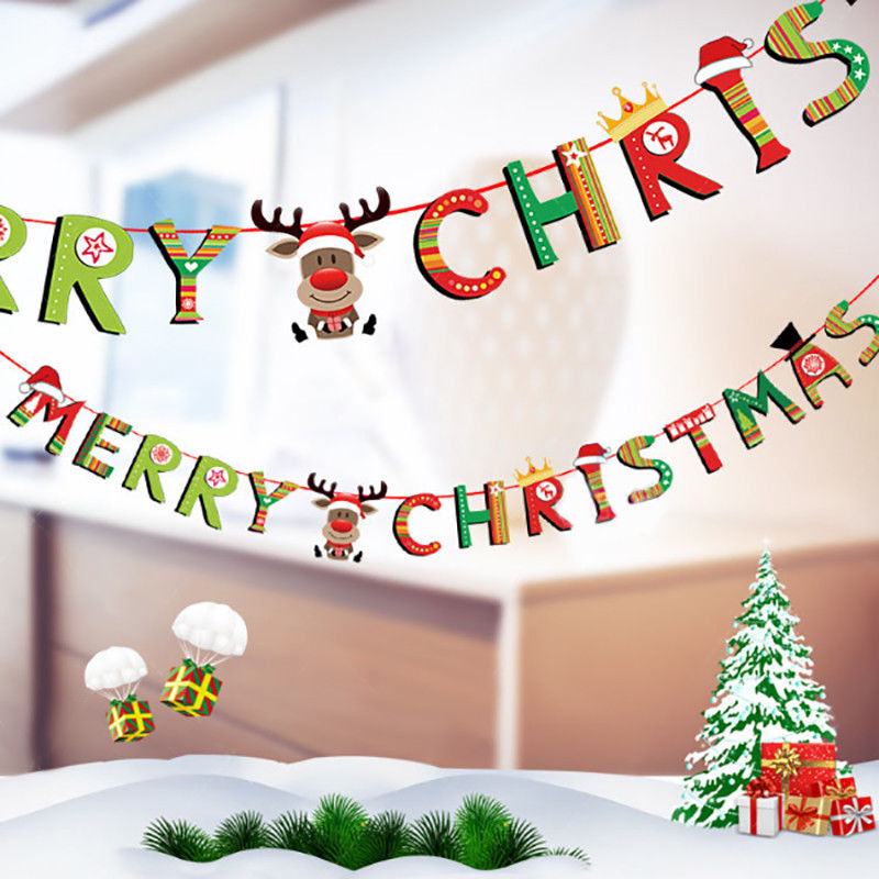 Banner Bendera Gantung Desain Santa Claus Snowman Deer Garland Bahan Kertas Ukuran 2.5M Untuk Dekorasi Natal