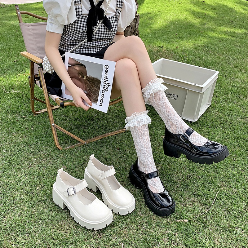 Sepatu Mary Jane Hak Tahu Wanita Import Murah Kulit Putih Hitam 6cm Chunky Block Heels Black White Platform Shoes - Ukuran 35 36 37 38 39 40