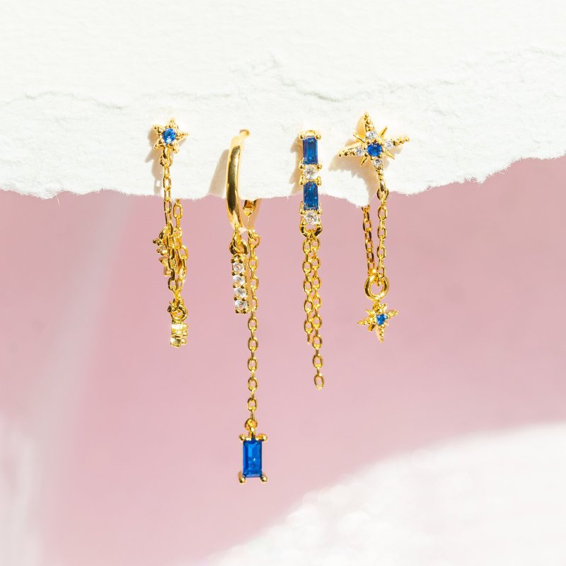 4pcs/set Biru Tua Kubik CZ Gaya Punk Panjang Rumbai Telinga Stud Temperamen Perempuan Tindik Telinga Elemen Bintang Anting Hadiah