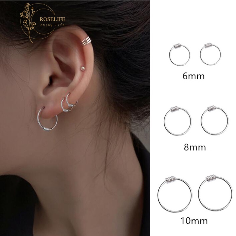 Roselife 1 Pasang Anting Bulat Sterling Silver 925 Simple Untuk Unisex / Pria / Wanita