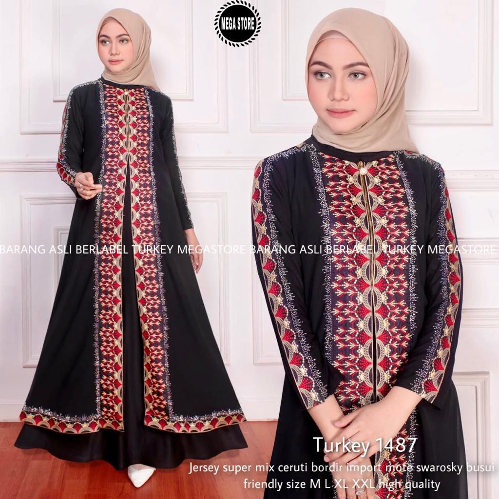 GUZHOP - (BISA COD) TURKEY 1487 ORI BERLABEL MEGASTORE SOLO - ABAYA PESTA - GAMIS JUMBO JETBLACK