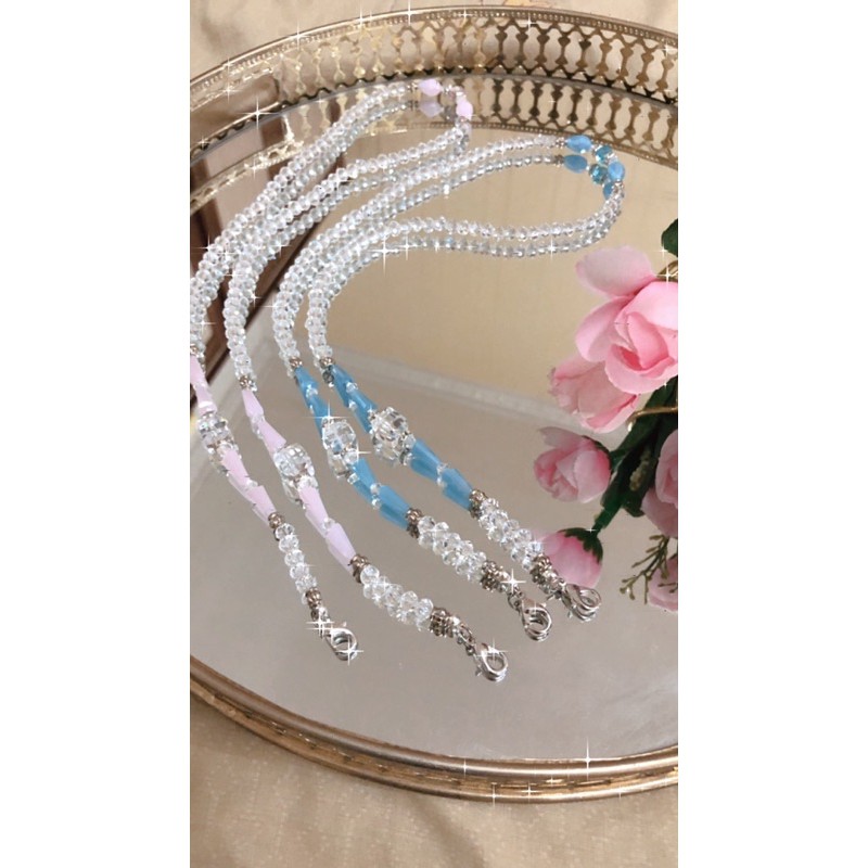 Strap Masker / Tali Masker Kristal Putih Bening Variasi Kristal Warna Pink dan Biru Pastel