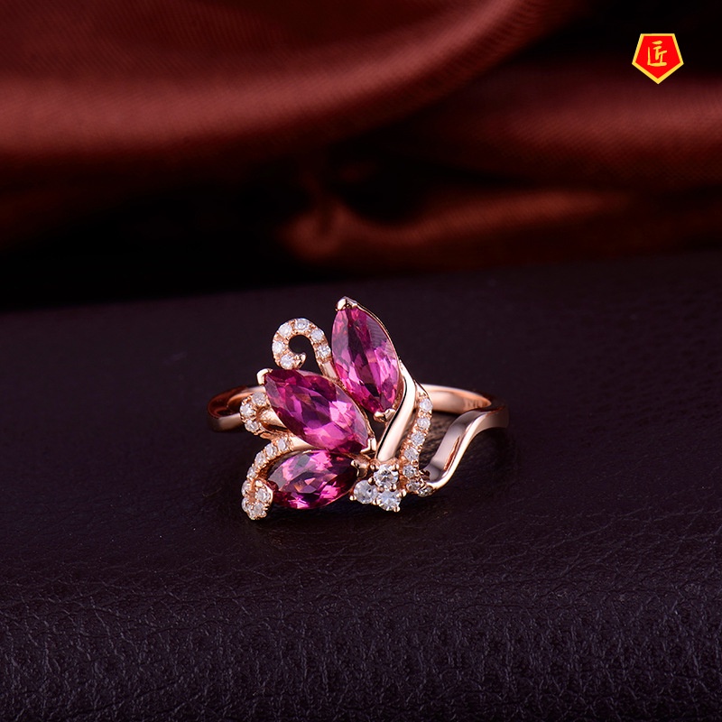 [Ready Stock]Elegant Personality Four-Color Gem Rose Gold Ring