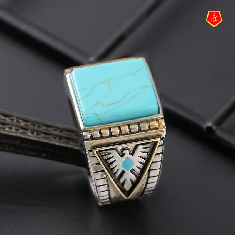 [Ready Stock]Elegant Personality Turquoise Feather Silver Ring