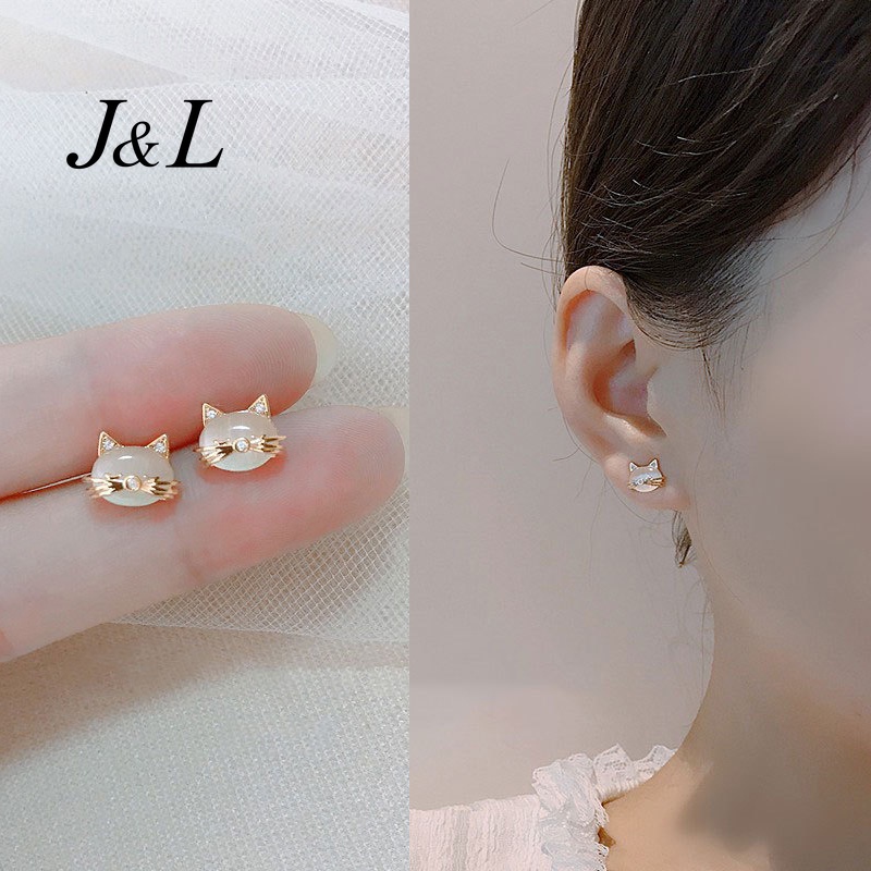 Anting Tusuk Motif Kucing Bahan Alloy Hias Batu Opal Imitasi Untuk Wanita