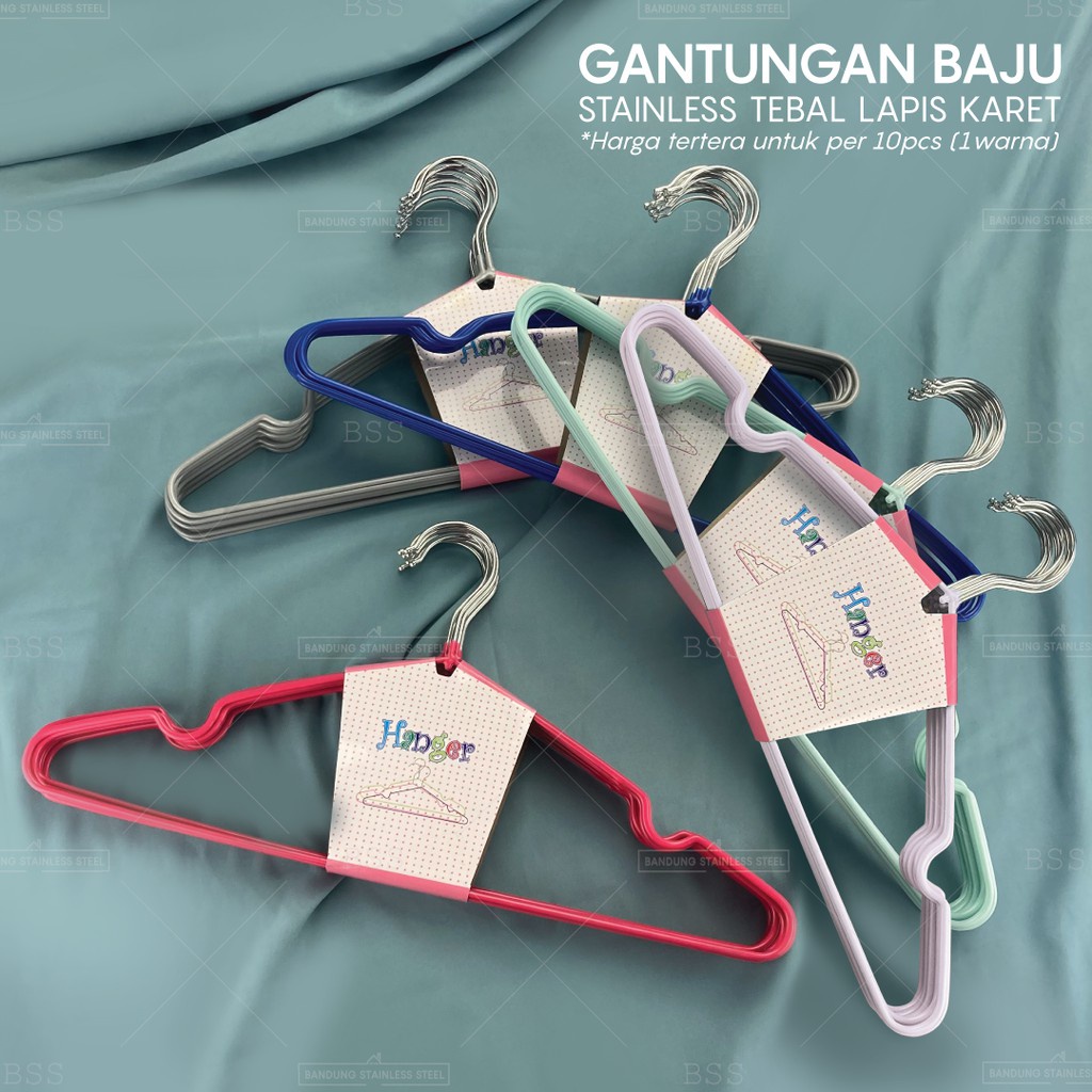 10pcs Hanger Gantungan Baju Pakaian Stainless Tebal 3mm Karet Warna Kait Kawat