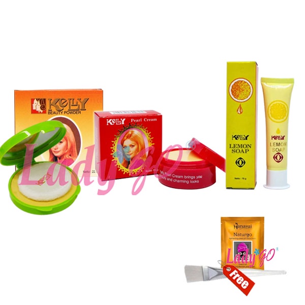 Paket Kecantikan 5 IN 1 - Maskara - Lipbalm Aloevera dan Kelly kosmetik Cream- Bedak -Lemon GRATIS 1 pcs masker naturgo+kuas masker