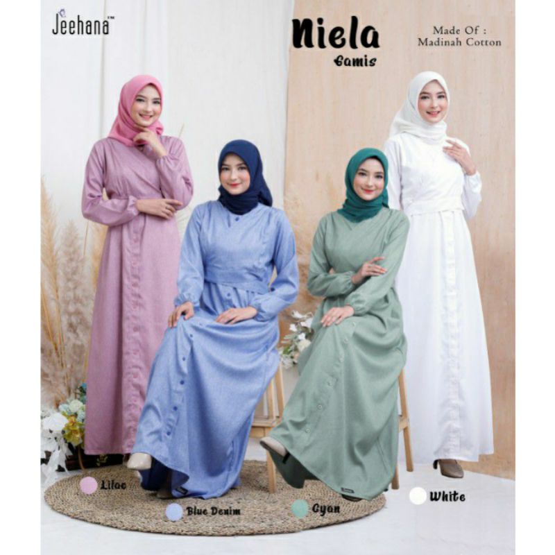 baju gamis wanita muslim katun madinah putih polos long dress muslimah niela jhn