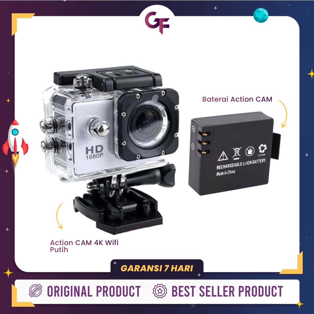 ACTION CAMERA 4K DAN 1080 HD WATERPROOF 900 MAH AKSESORIS LENGKAP - GOODFELLAS-PUTIH WIFI + BATERAI