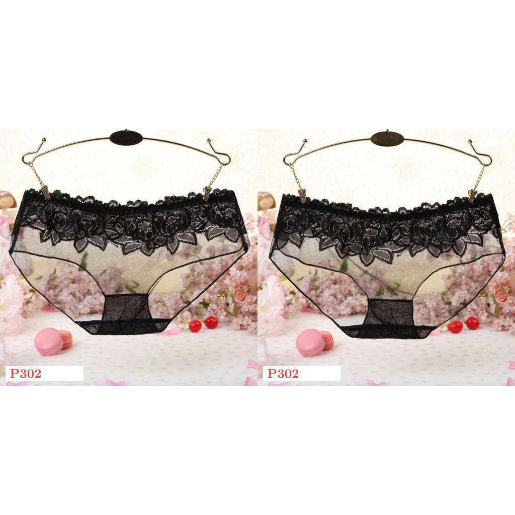 P302 - Celana Dalam Panties Boyshort Hitam Transparan, Renda Bunga