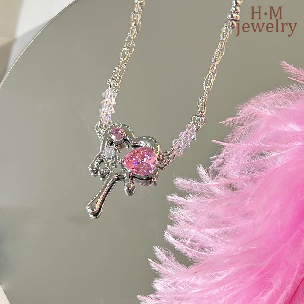 Kalung Rantai Dengan Liontin Kristal Bentuk Hati Warna Pink Untuk Wanita