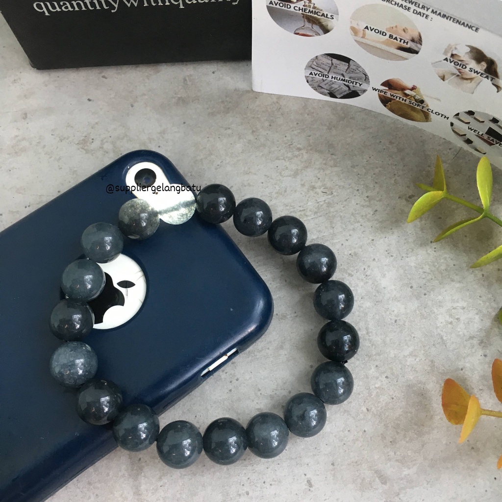 gelang batu GREY AGATE ASLI NATURAL 10mm akik abu abu berserat tembus