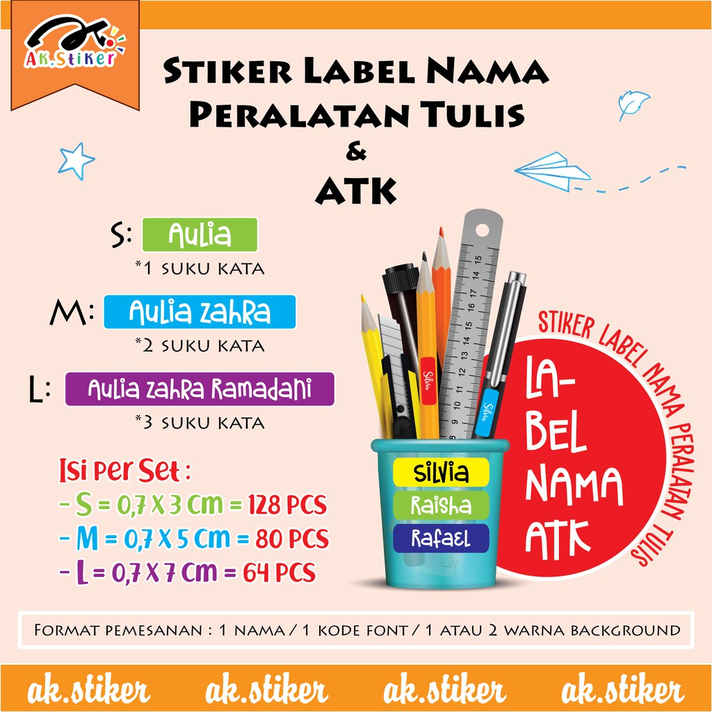 Jual Stiker Label Nama Peralatan Tulis dan ATK, stiker nama pensil