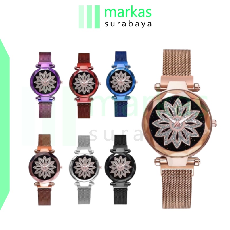 MARKAS J158 Jam Tangan Perempuan Motif Bunga Glitter Rantai Magnet Woman Flower Watch Fashion