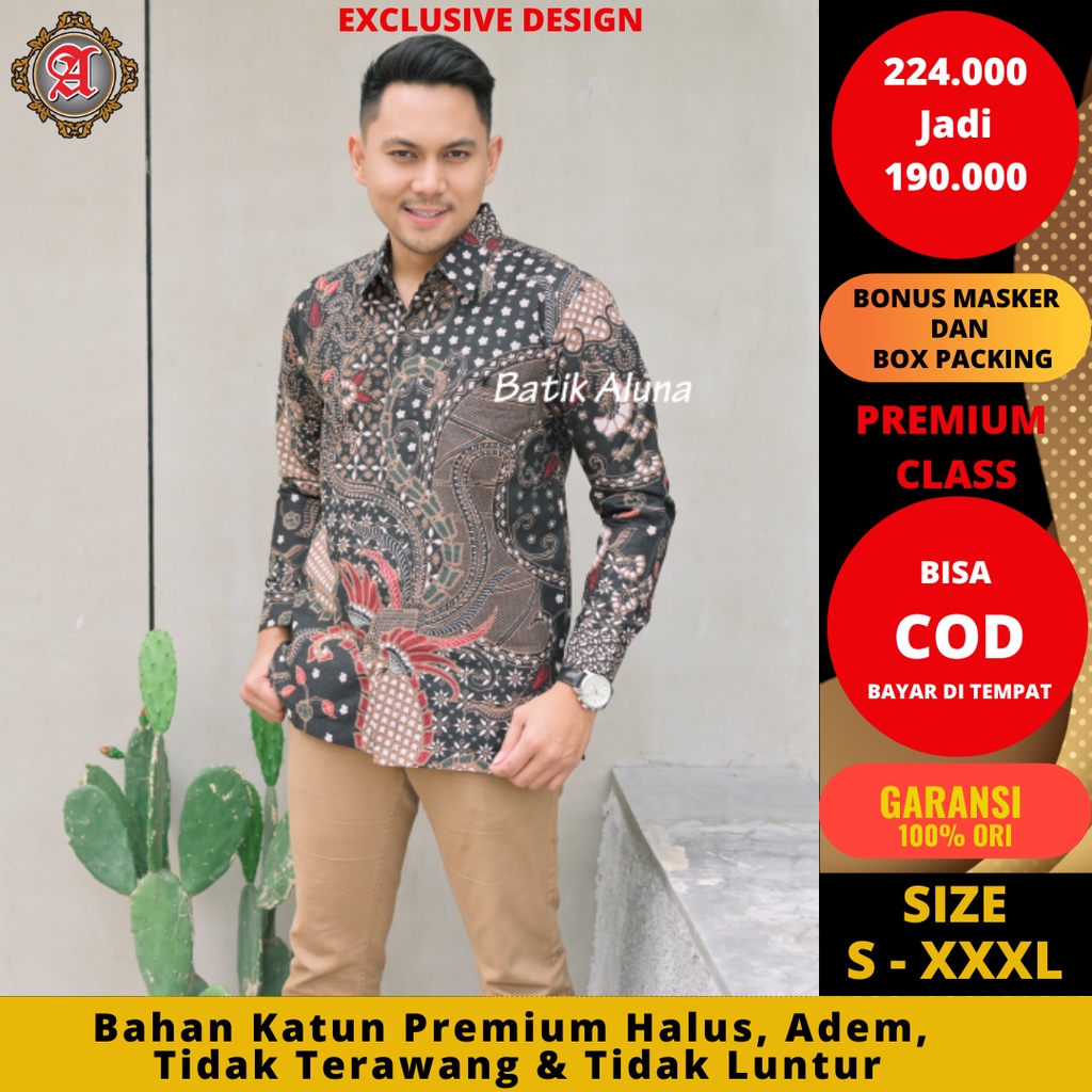 Batik Aluna JBA118 Kemeja Batik Formal Pria lengan Panjang Katun Premium Modern Lapis Furing / Baju 