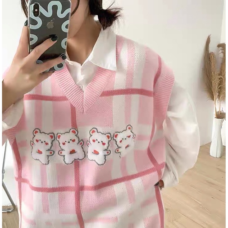 Vest import rompi rajut wanita cewek korea oversized bearly bear pink biru