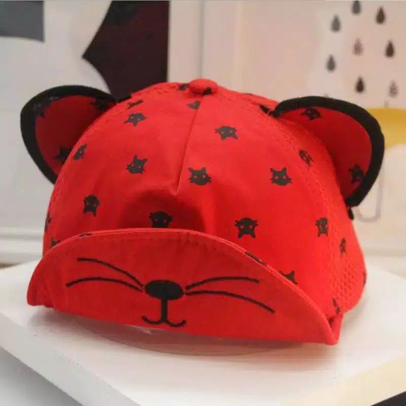 Topi bayi karakter kucing, topi anak cowok dan cewek model baseball (kios raziq surabaya)-Merah