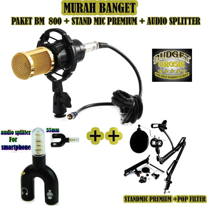 Mic BM 800+Stand mic premium+Audio splitter Fullset for SMULE - Hitam