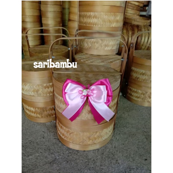 rantang bambu 20cm susun 2 hias pita/hampers bambu/rantang hias/rantang bambu