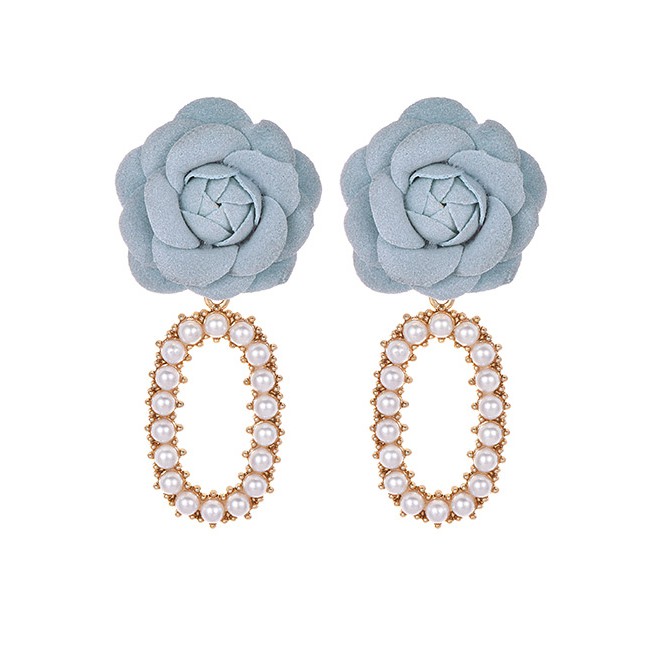 LRC Anting Tusuk Fashion Alloy Pearl Fabric Flower Earrings F340XX