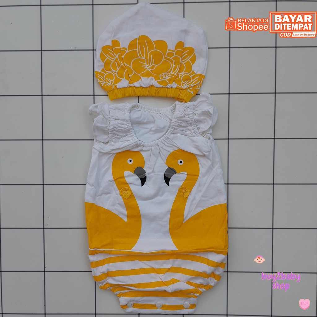 Romper pendek couple Swan series plus topi bayi cewek 0-3 Bulan 1 PCS