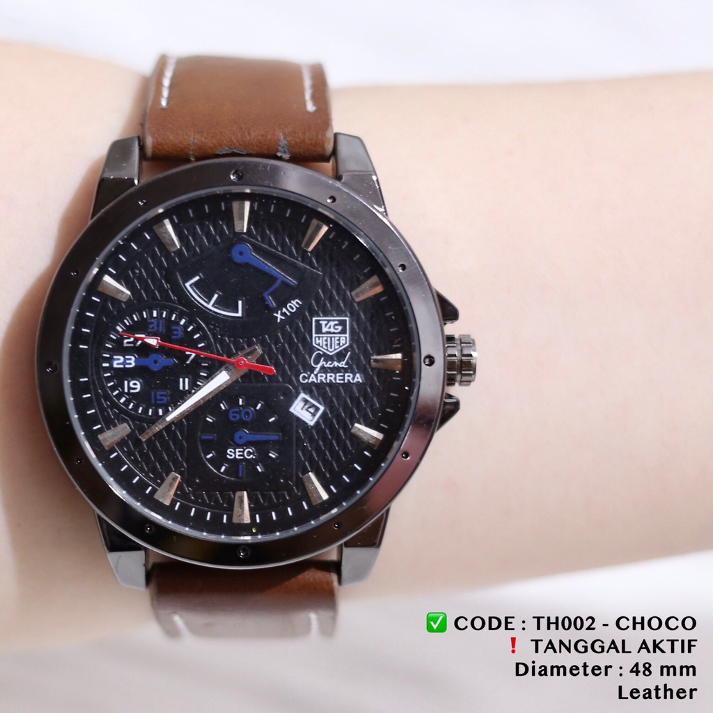 Jam tangan pria tanggal aktif tali kulit leather free baterai fashion cowok TH001