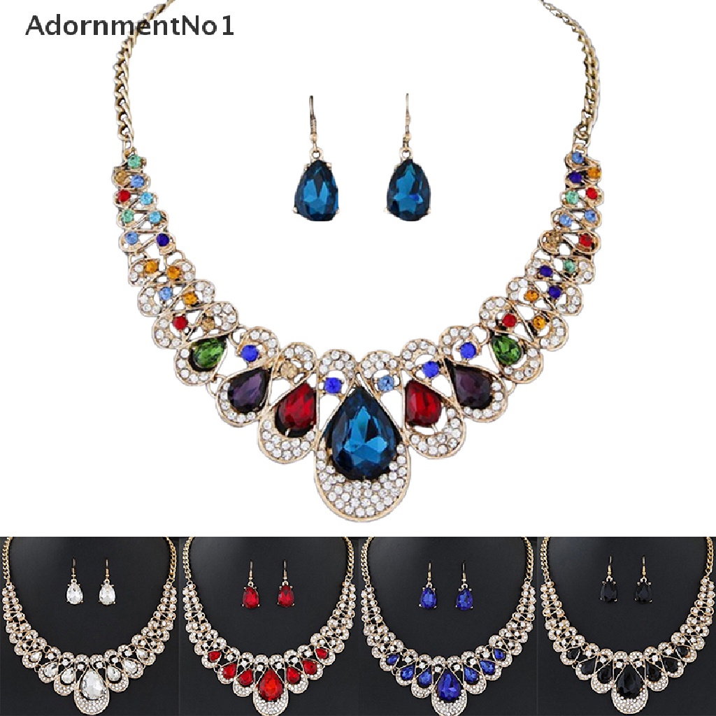 (AdornmentNo1) Set Kalung Rantai + Anting Tusuk Lapis Emas Hias Kristal Berlian Imitasi Untuk Wanita