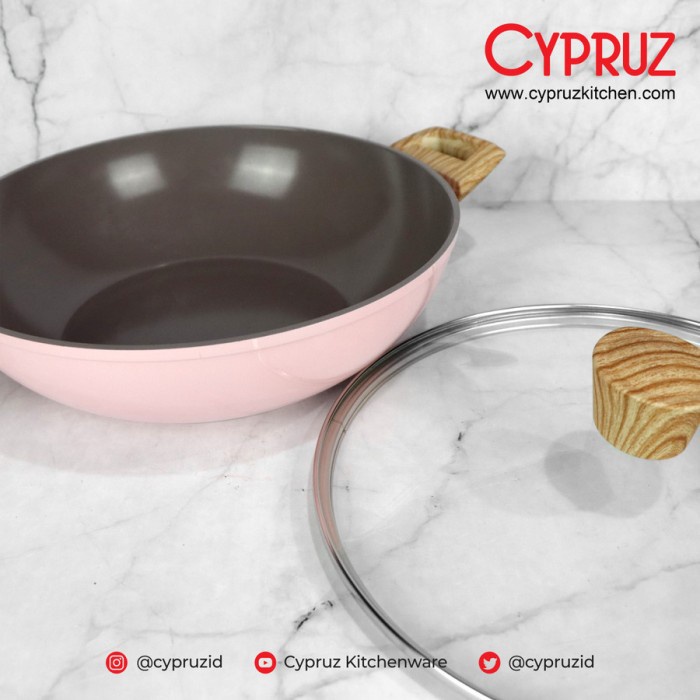 Kuali Anti Lengket + Tutup Cypruz Pink Ceramic Wok Pan